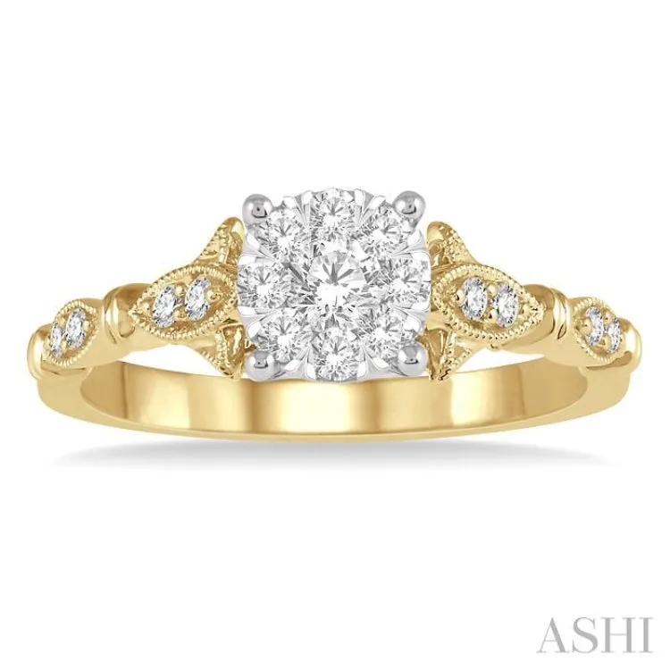 1/2 ctw Marquise Shank Circular Mount Lovebright Round Cut Diamond Ring in 14K Yellow and White Gold