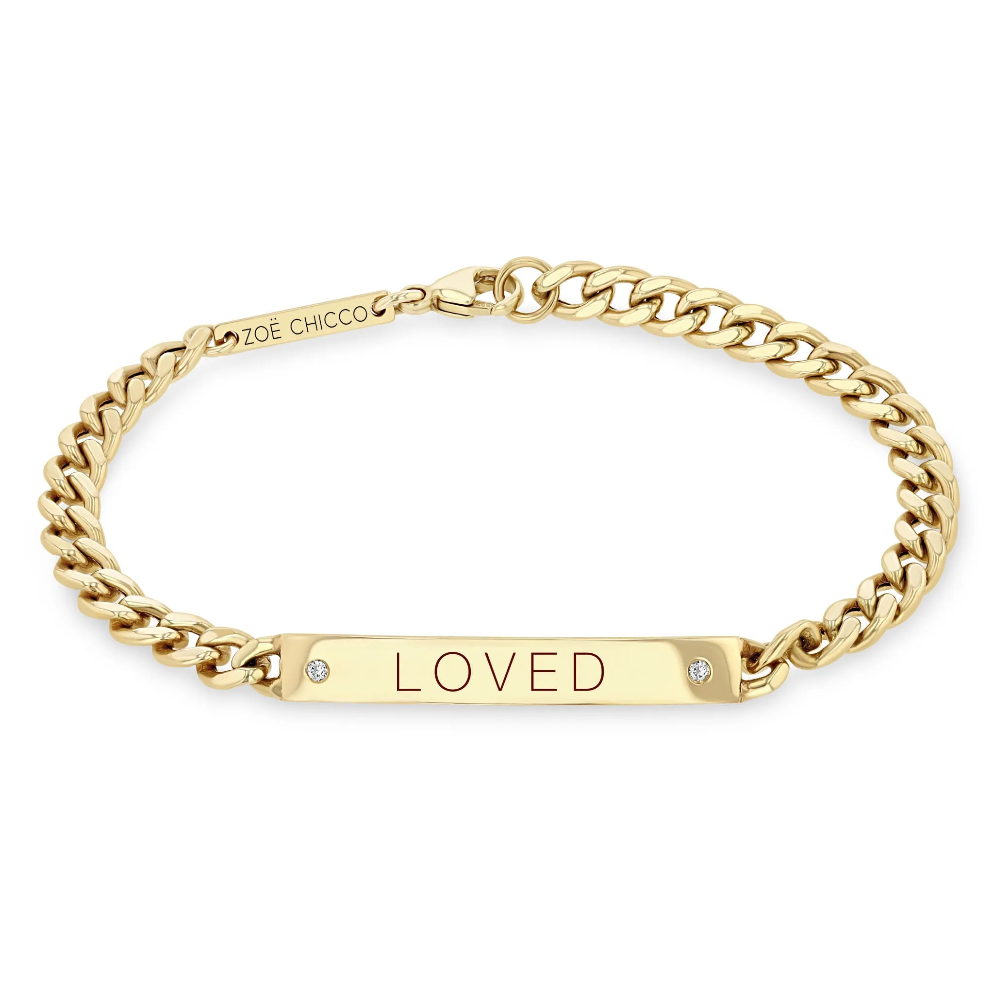 14k Medium Curb Chain Personalized ID Bracelet with 2 Diamonds