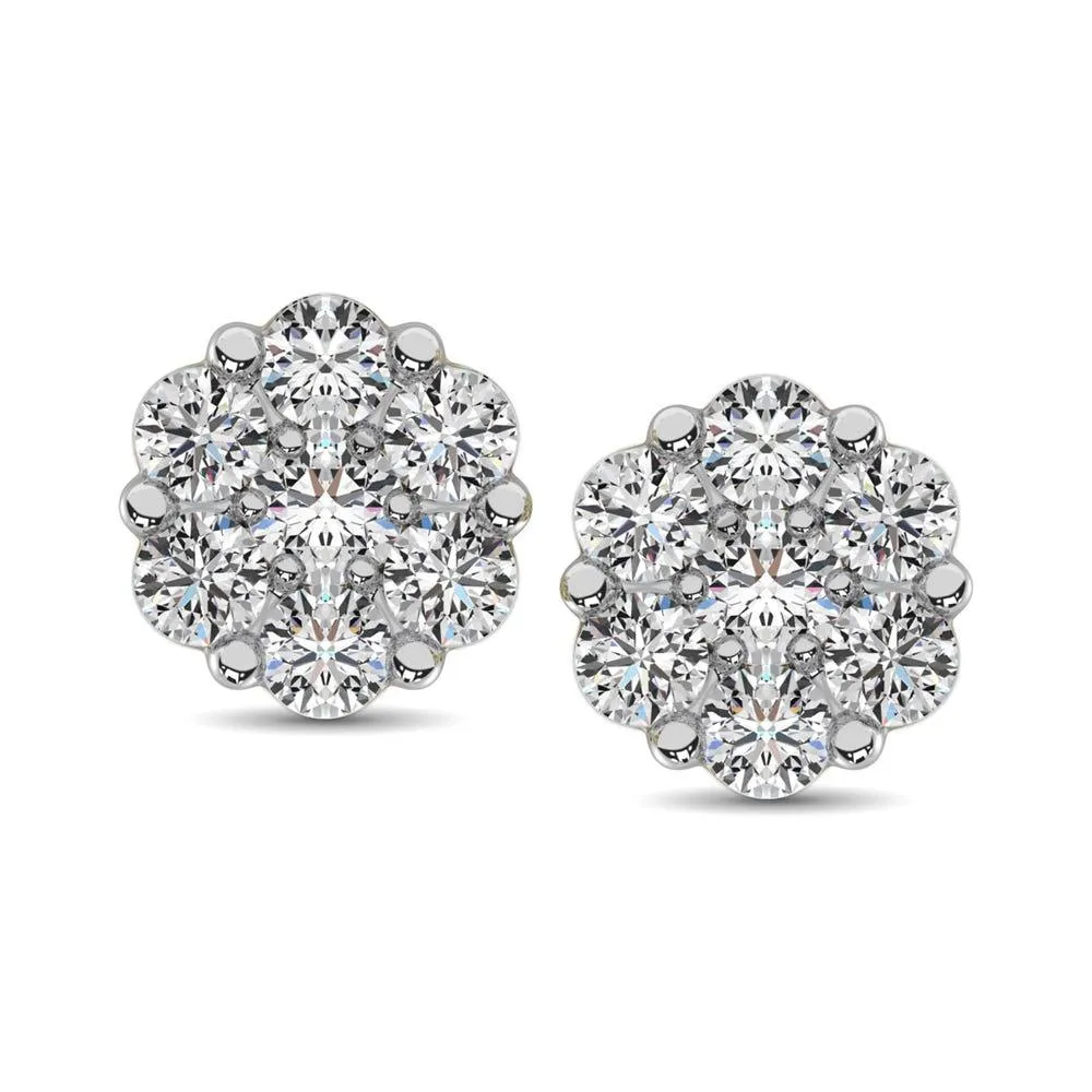 14K White Gold Diamond Flower Studs Earrings