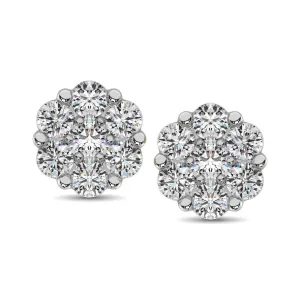 14K White Gold Diamond Flower Studs Earrings