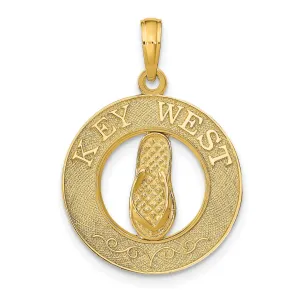 14K Yellow Gold Polished Textured Finish KEY WEST with Flip-Flop Sandle in Circle Design Charm Pendant