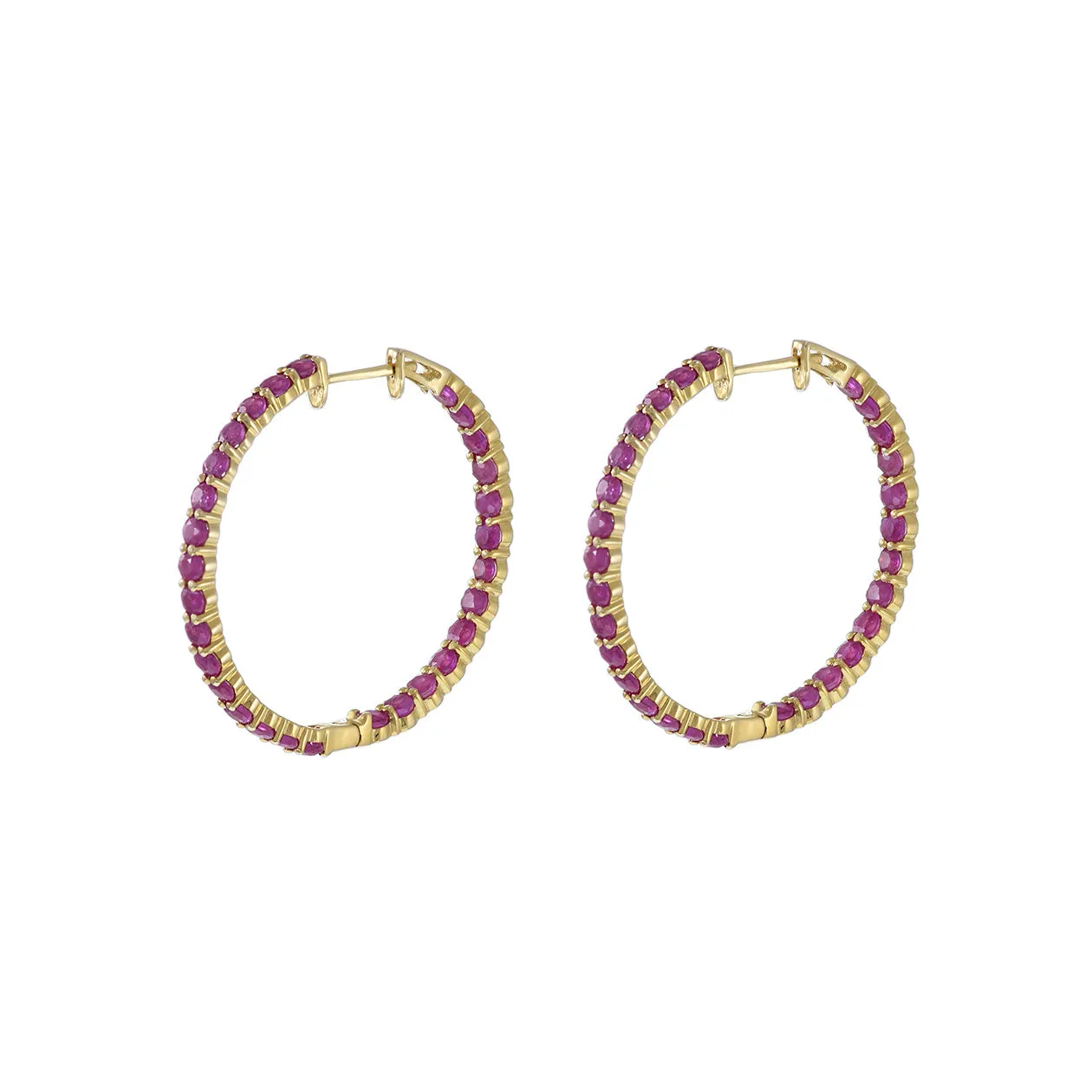 14KT Yellow Gold Round Ruby Hoop Earrings