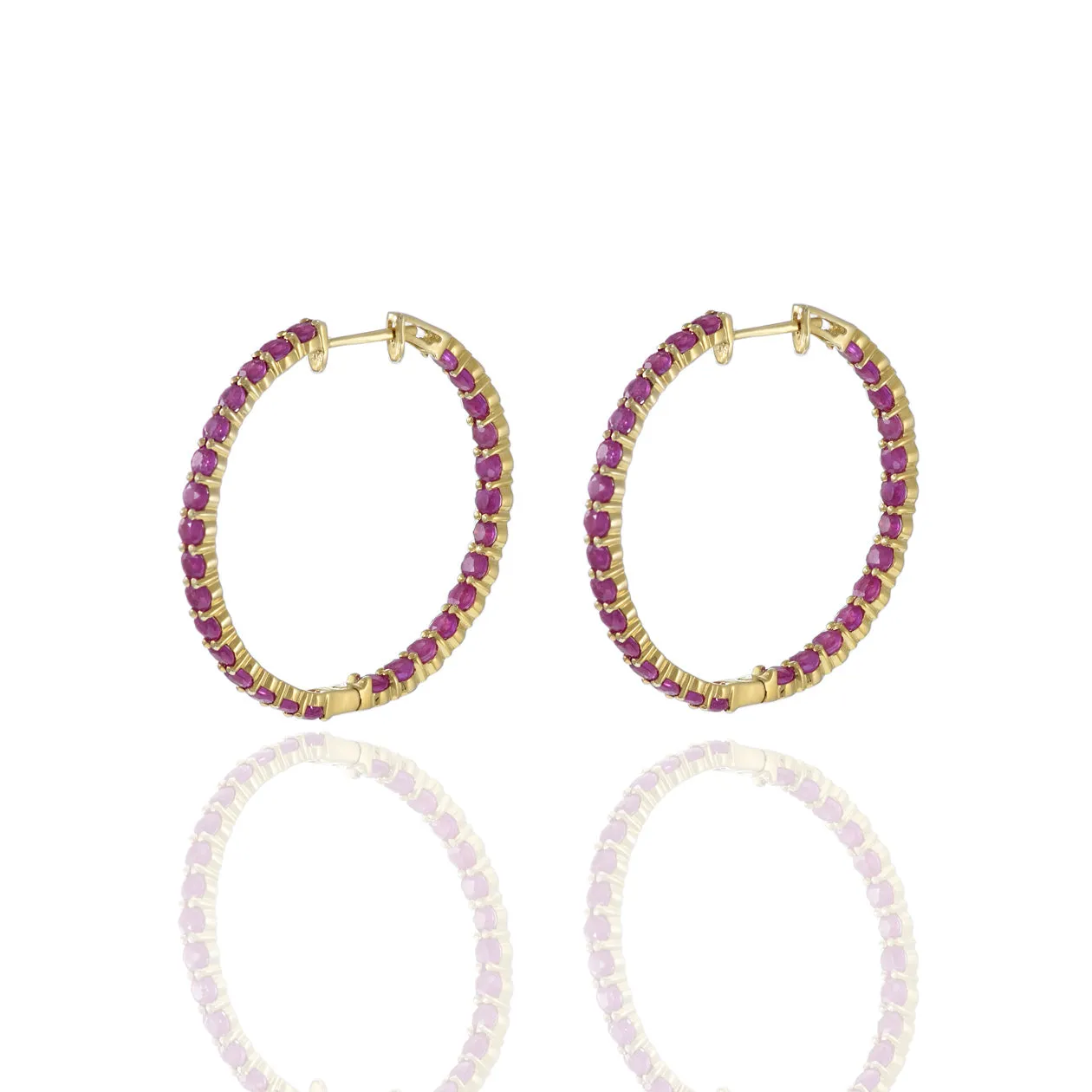 14KT Yellow Gold Round Ruby Hoop Earrings