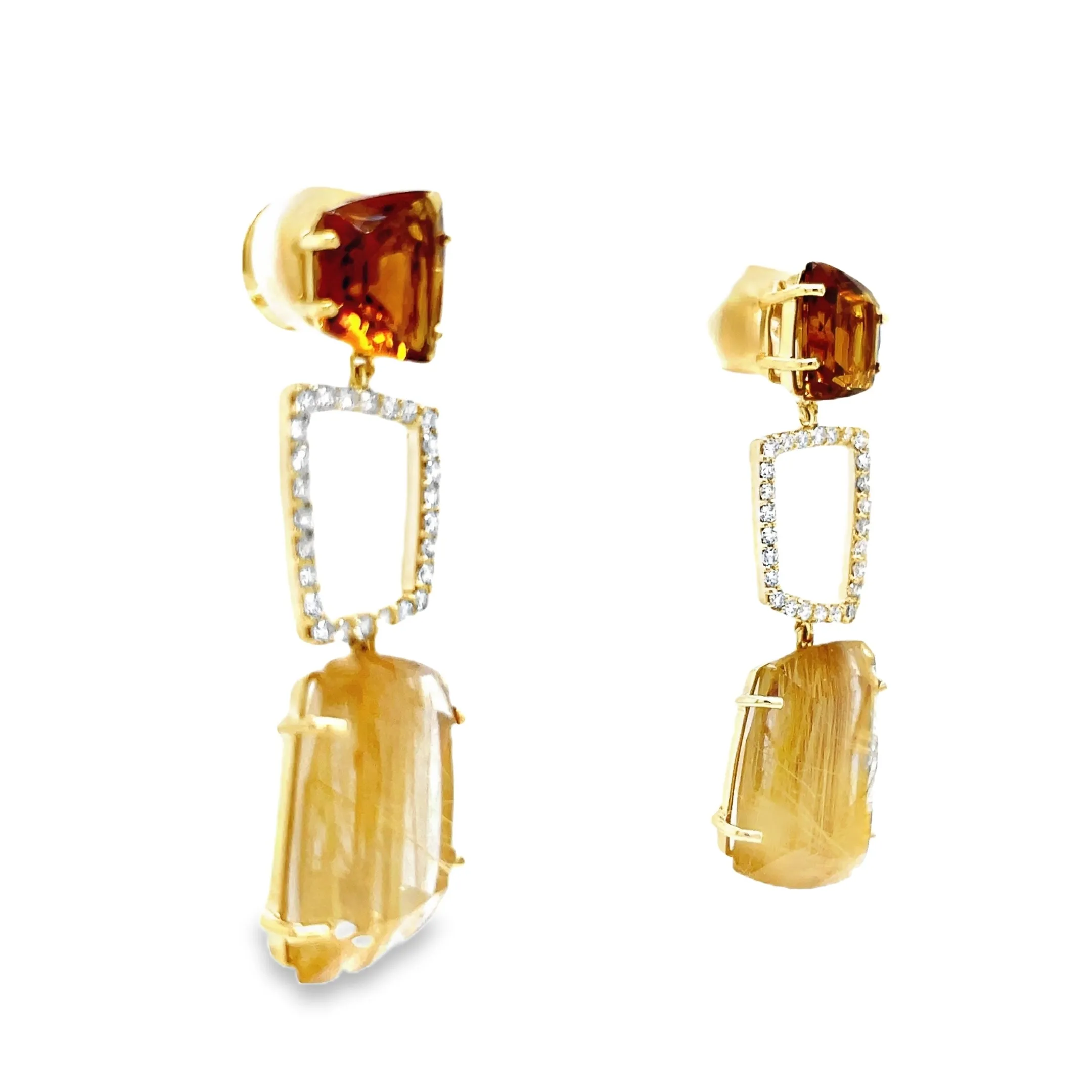 18k Yellow Gold Whisky Citrine, Ritulated Quartz and Diamond Long Earrings