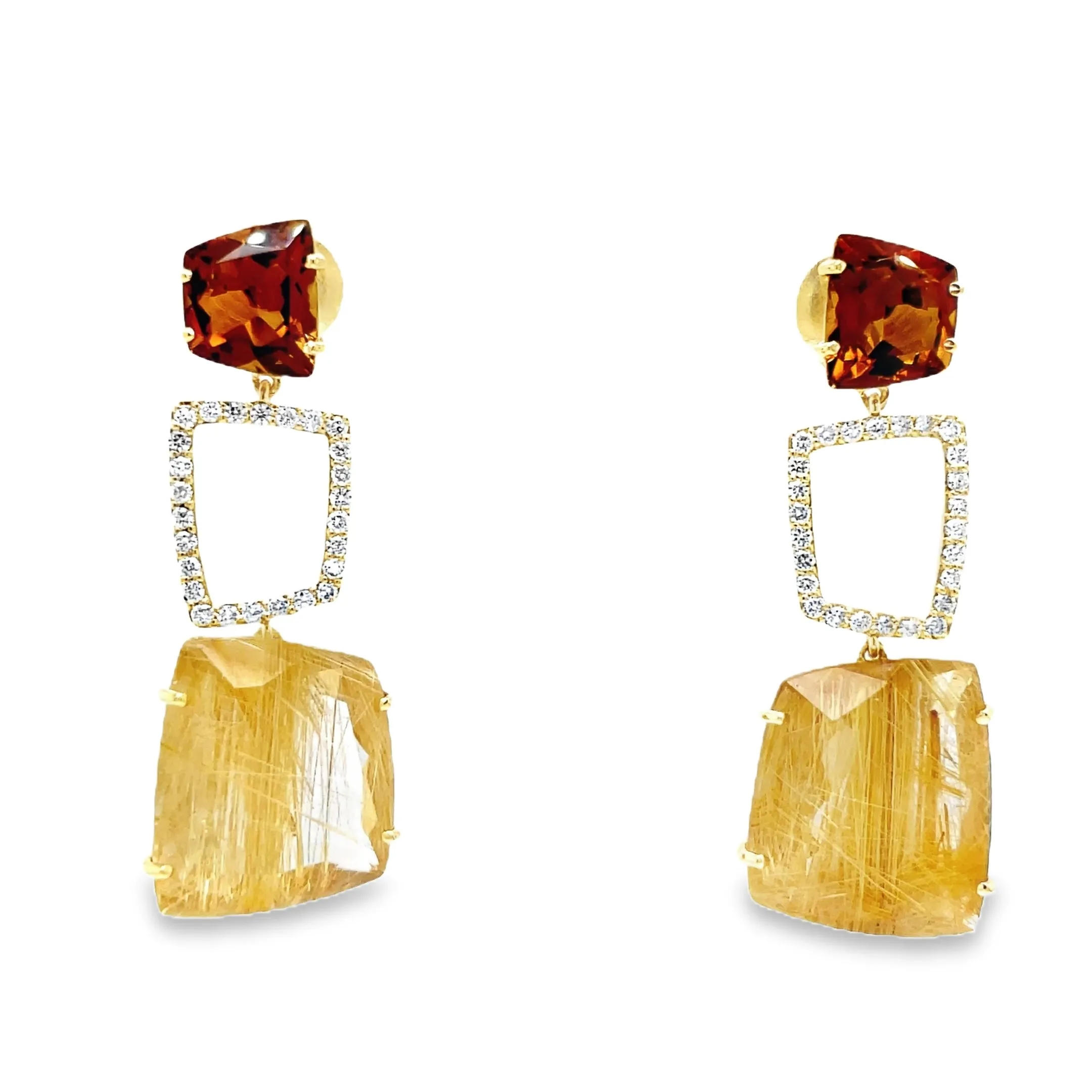 18k Yellow Gold Whisky Citrine, Ritulated Quartz and Diamond Long Earrings