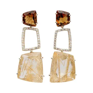 18k Yellow Gold Whisky Citrine, Ritulated Quartz and Diamond Long Earrings