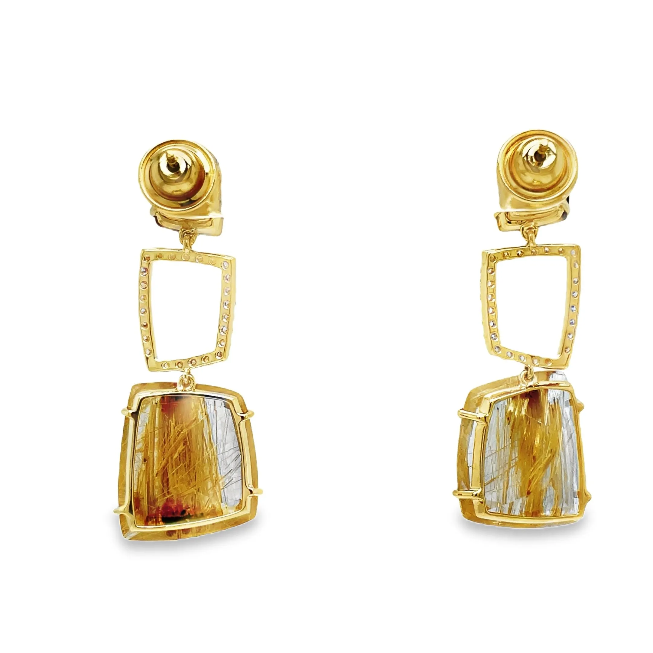 18k Yellow Gold Whisky Citrine, Ritulated Quartz and Diamond Long Earrings