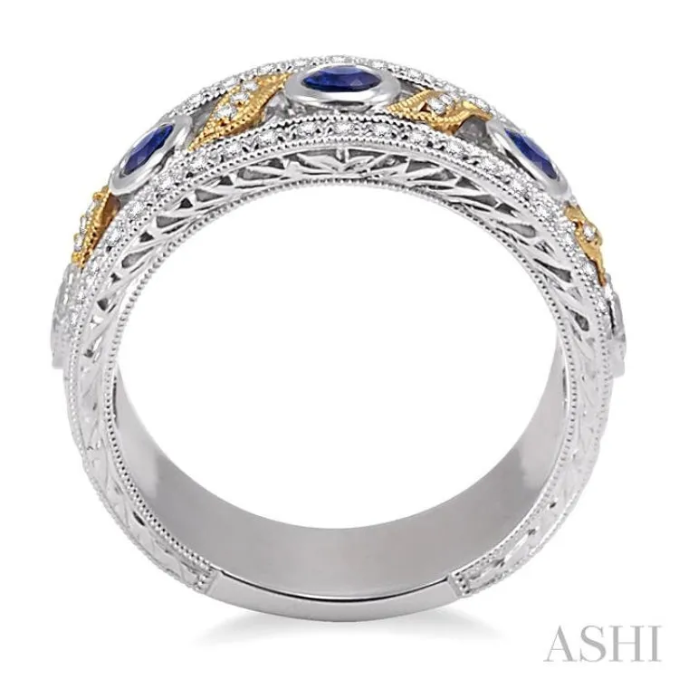 3x3MM Diamond cut Round Sapphire and 1/6 Ctw Round Cut Diamond Precious Fashion Ring in 14K White and Yellow Gold