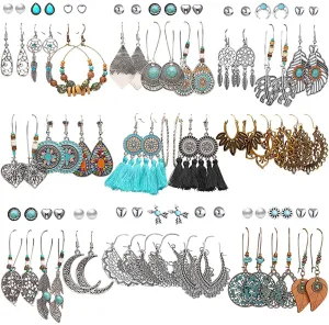 45 Pairs Fashion Hollow Drop Dangle Earrings Set for Women Girls Bohemian National Style Eardrop with Bronze Waterdrop Leaf Feather Shaped Vintage Jewelry for Gifts