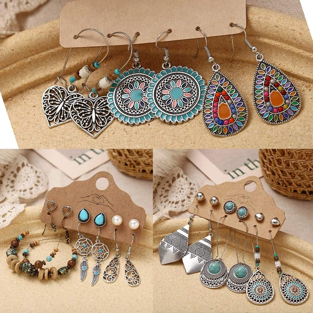 45 Pairs Fashion Hollow Drop Dangle Earrings Set for Women Girls Bohemian National Style Eardrop with Bronze Waterdrop Leaf Feather Shaped Vintage Jewelry for Gifts