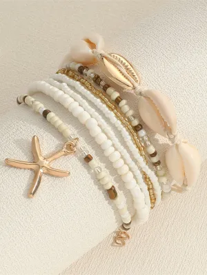 7pcs Bohemian Style Beaded Bracelets With Shell, Beads & Starfish Pendants For Women (Bead Colors Are Randomly Matched)