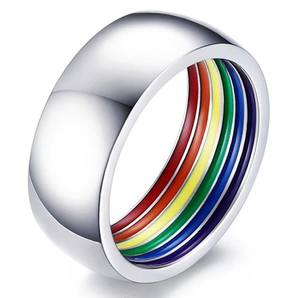 8mm Silver Stainless Steel Rainbow Enamel Wedding Engagement Promise Band Ring