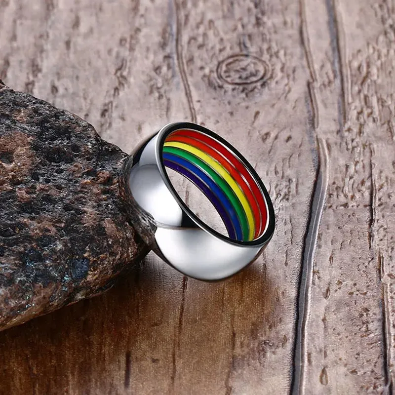 8mm Silver Stainless Steel Rainbow Enamel Wedding Engagement Promise Band Ring