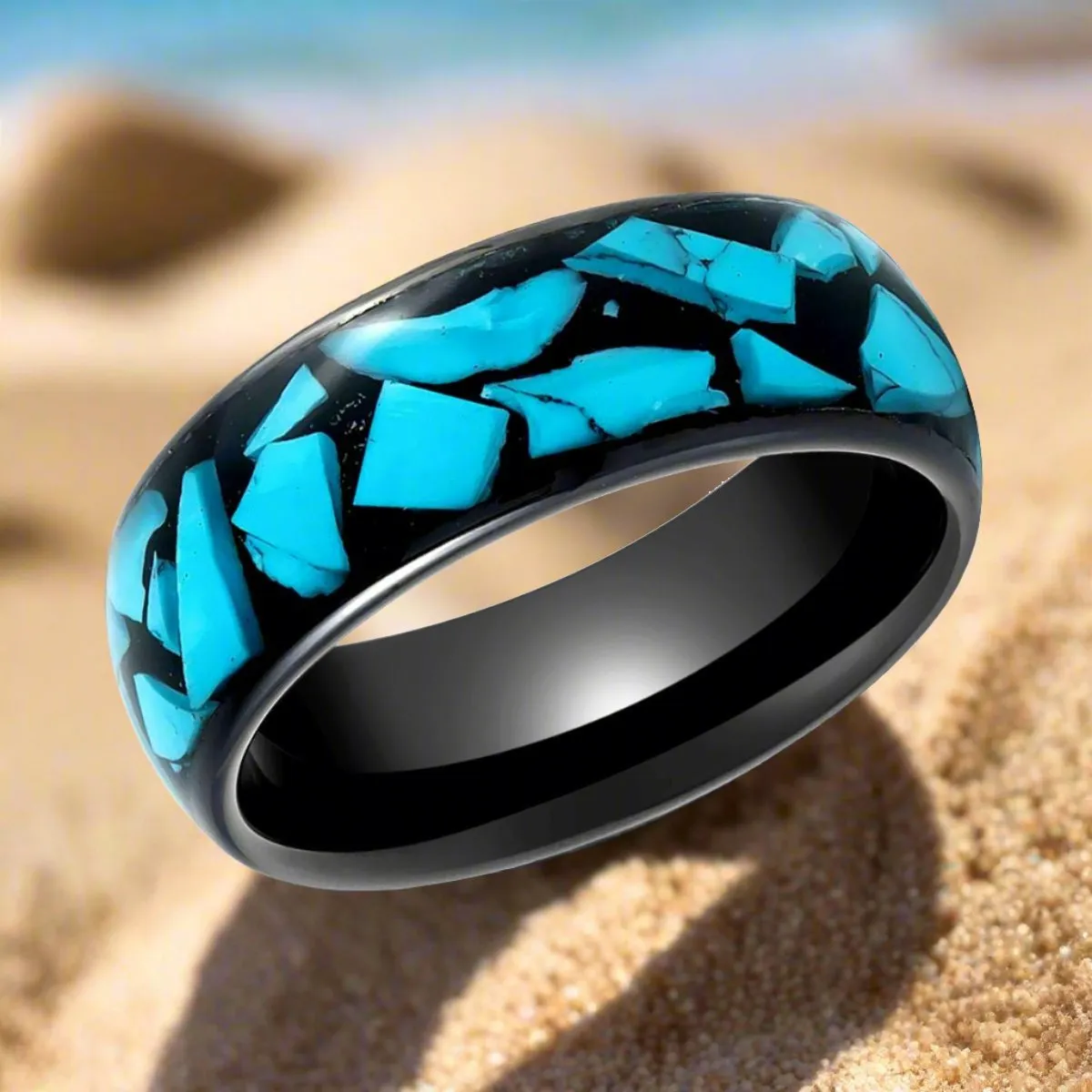 ADONIS | Black Tungsten Ring Blue Turquoise Fragments Inlay