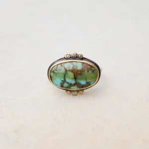 Bezel Set Horizontal Oval Turquoise with Diamond Trios Ring