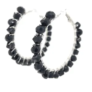 Black Beaded Silver Hoop Earrings Large