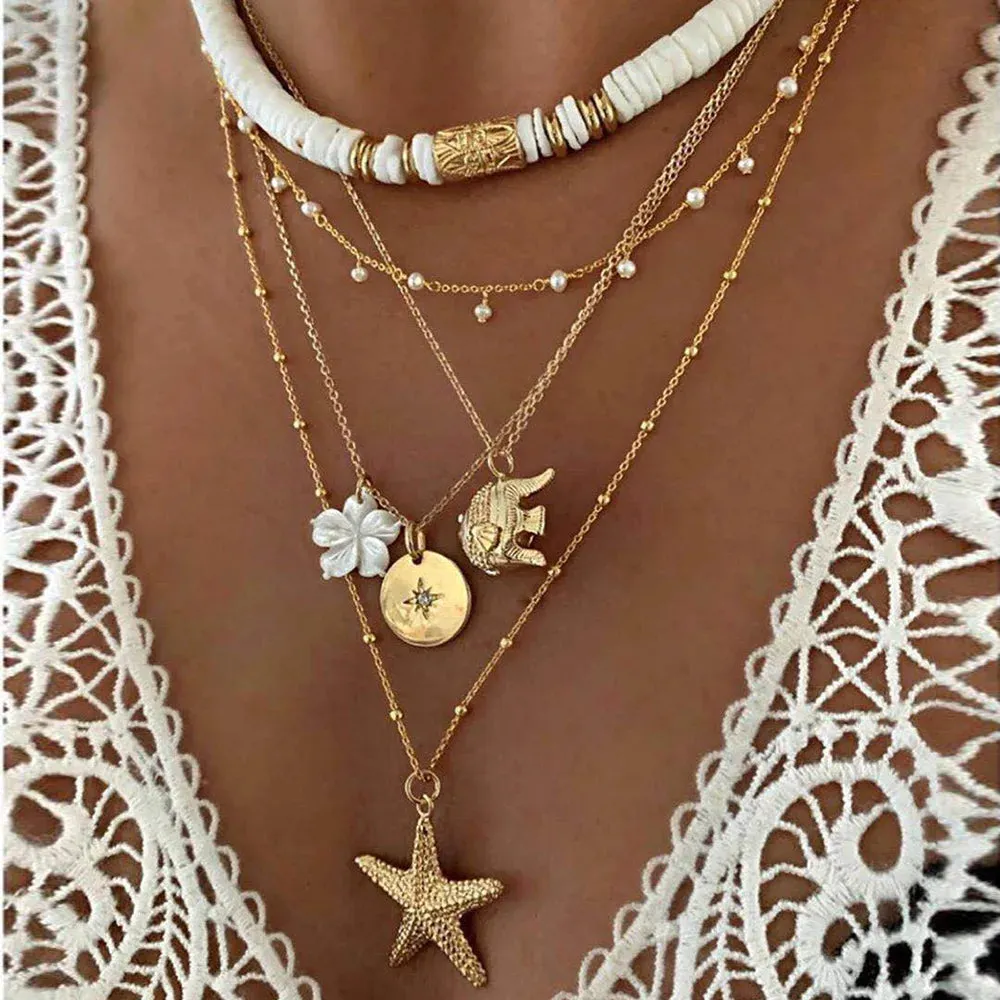 Bohemia Shell Star Pendant Layered Necklace - Ladies summer beach simple layered necklace featuring a soft clay shell star pendant chain - Charming gift for Women