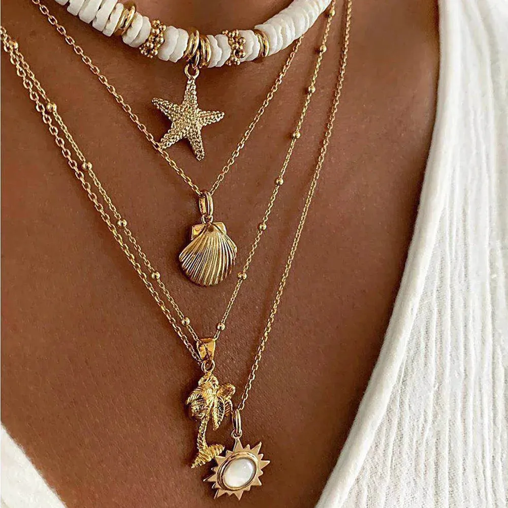 Bohemia Shell Star Pendant Layered Necklace - Ladies summer beach simple layered necklace featuring a soft clay shell star pendant chain - Charming gift for Women