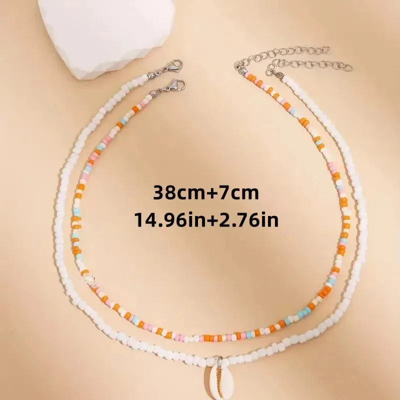 Bohemia Shell Star Pendant Layered Necklace - Ladies summer beach simple layered necklace featuring a soft clay shell star pendant chain - Charming gift for Women