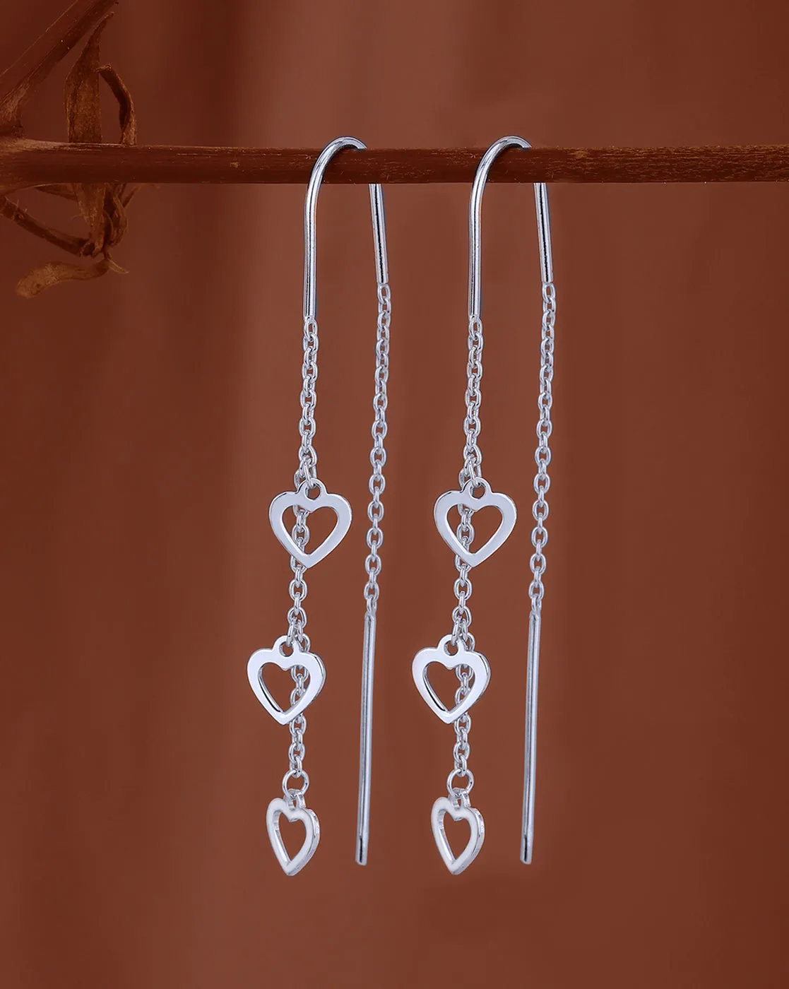 Carlton London Rhodium Plated Minimal Threader Earrings With Hearts