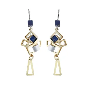 Christophe Poly Golden Squares Blue Dangle Earrings