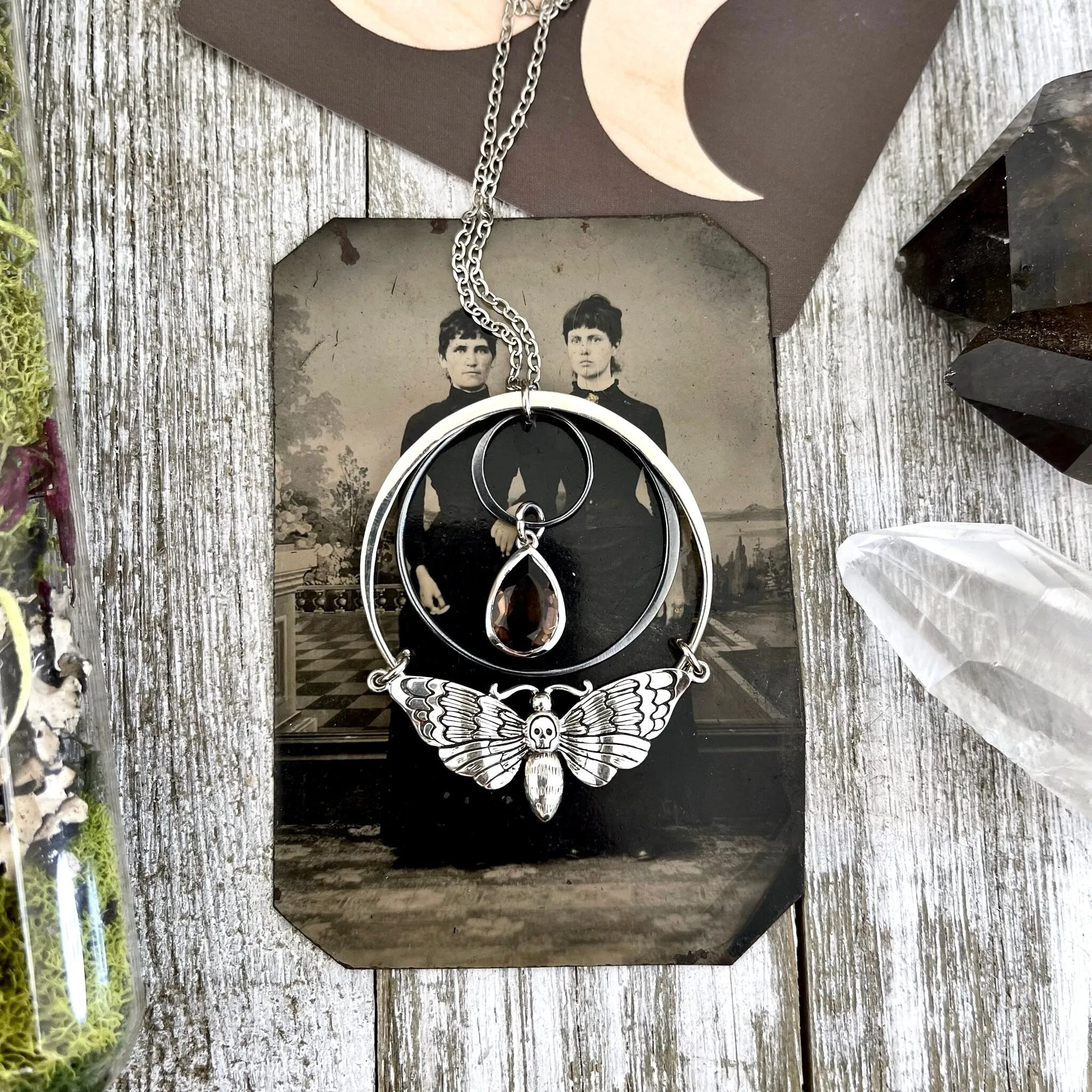 Death Moth and Smokey Quartz Hoop Necklace / Talisman Collection - Sterling Silver