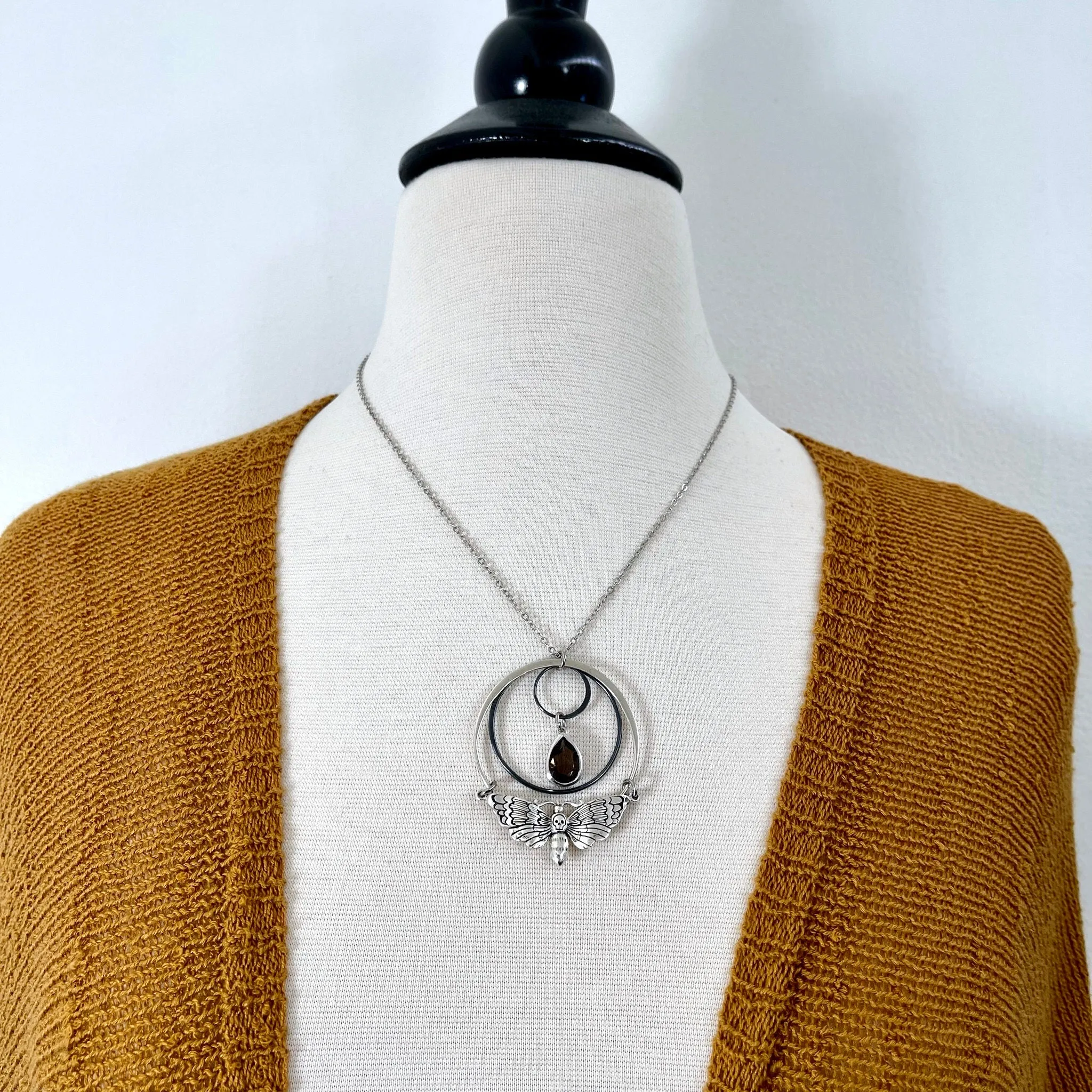 Death Moth and Smokey Quartz Hoop Necklace / Talisman Collection - Sterling Silver