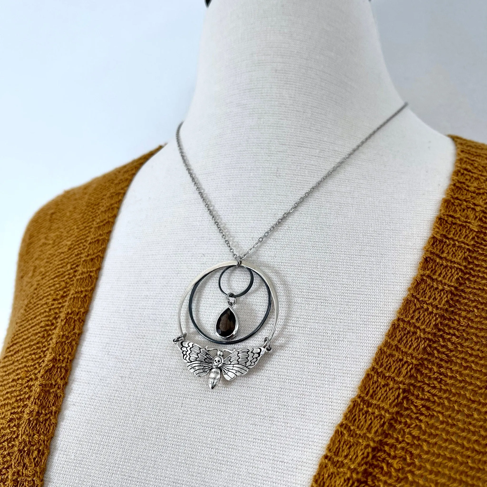 Death Moth and Smokey Quartz Hoop Necklace / Talisman Collection - Sterling Silver