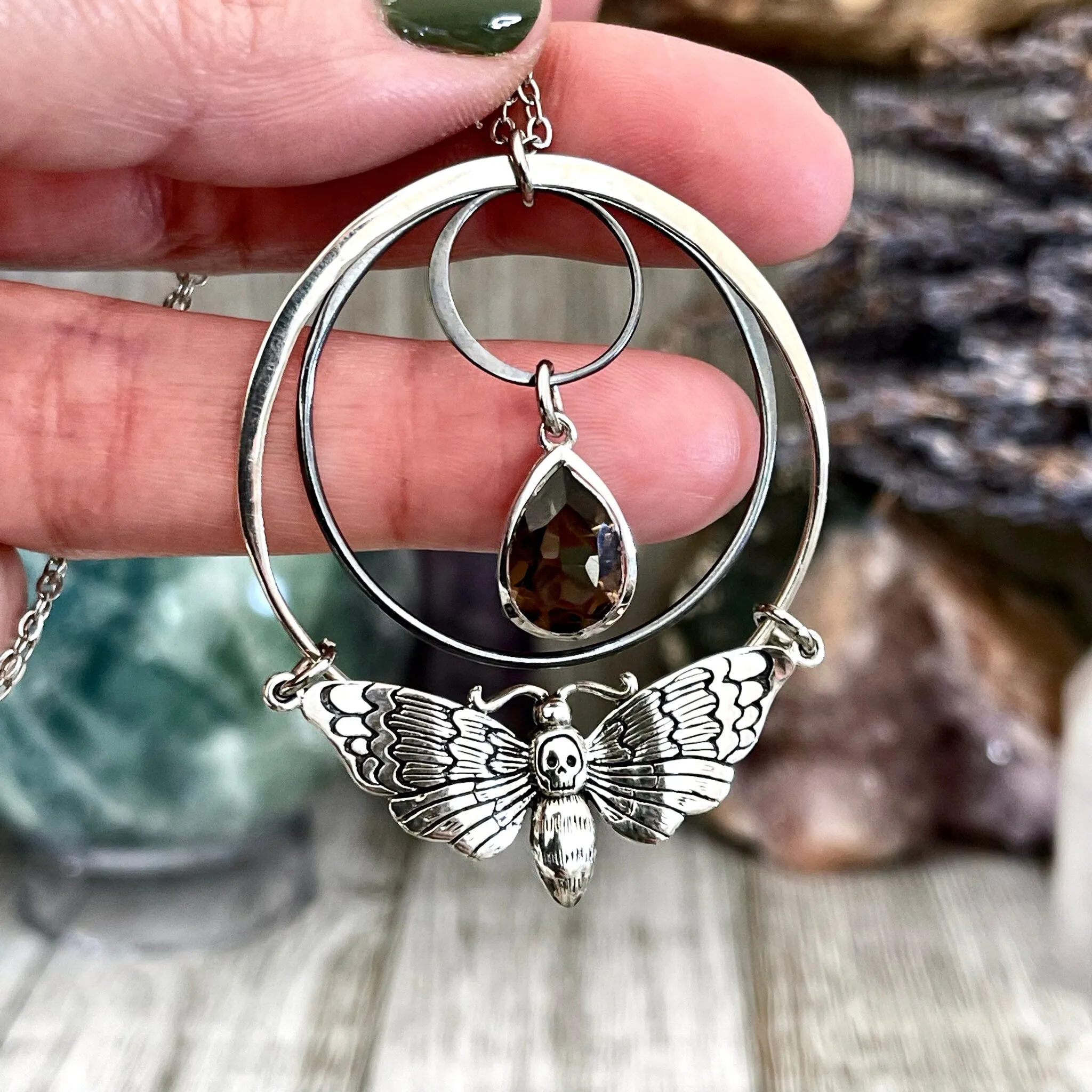 Death Moth and Smokey Quartz Hoop Necklace / Talisman Collection - Sterling Silver