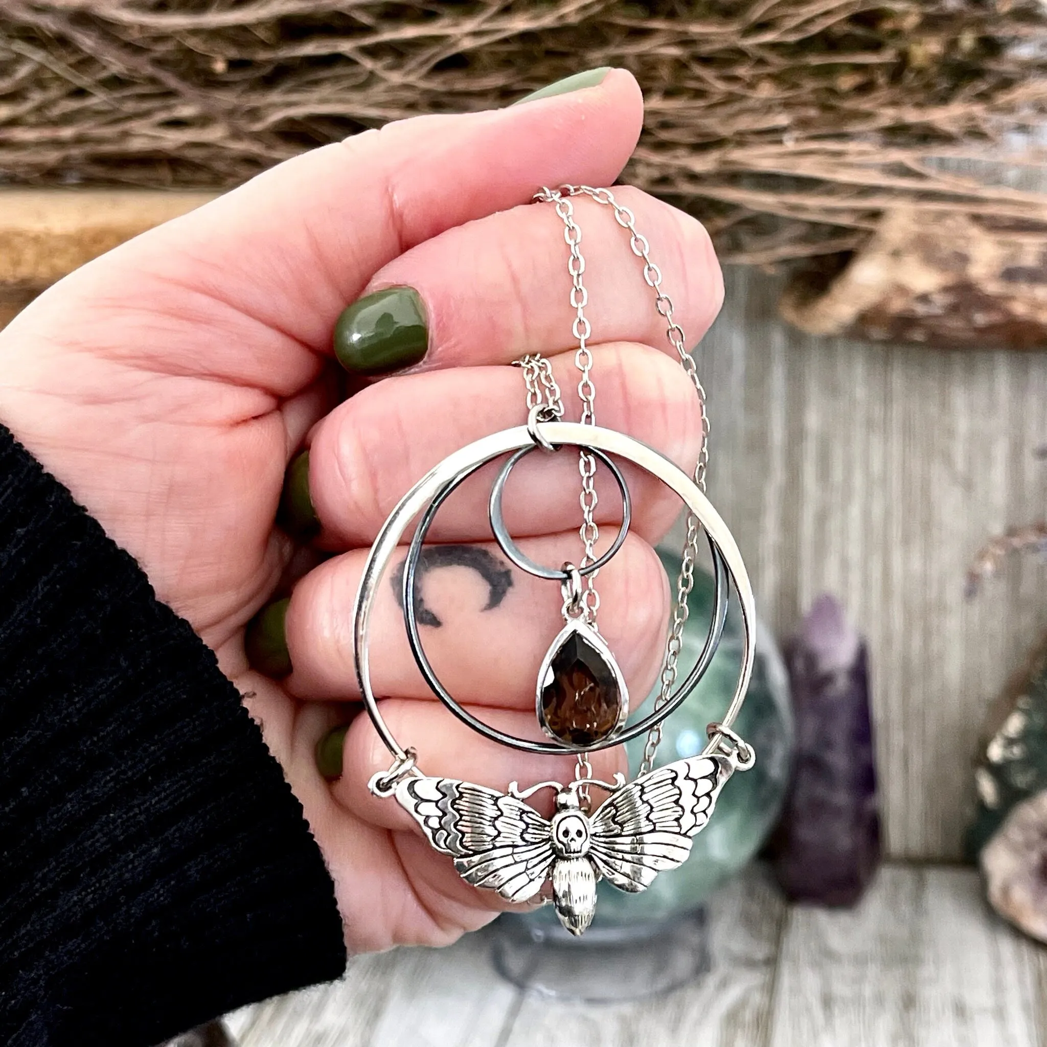 Death Moth and Smokey Quartz Hoop Necklace / Talisman Collection - Sterling Silver