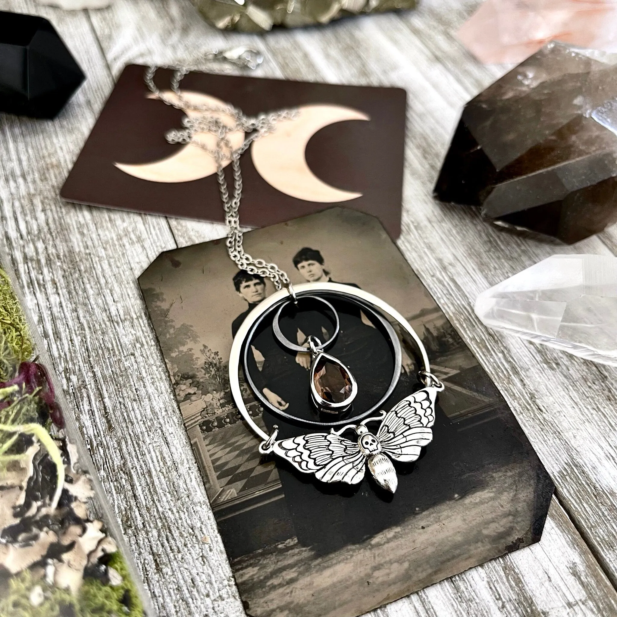 Death Moth and Smokey Quartz Hoop Necklace / Talisman Collection - Sterling Silver