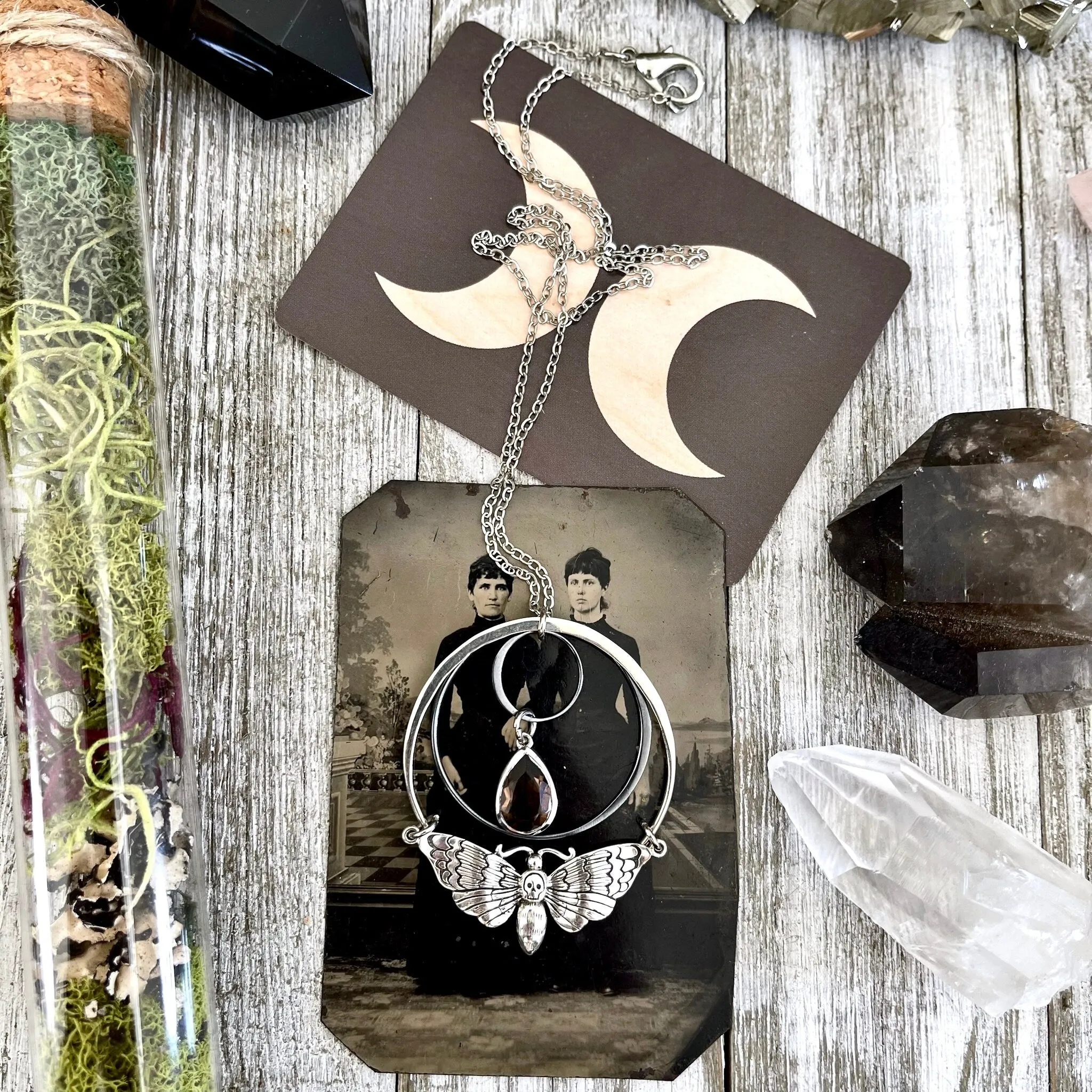 Death Moth and Smokey Quartz Hoop Necklace / Talisman Collection - Sterling Silver