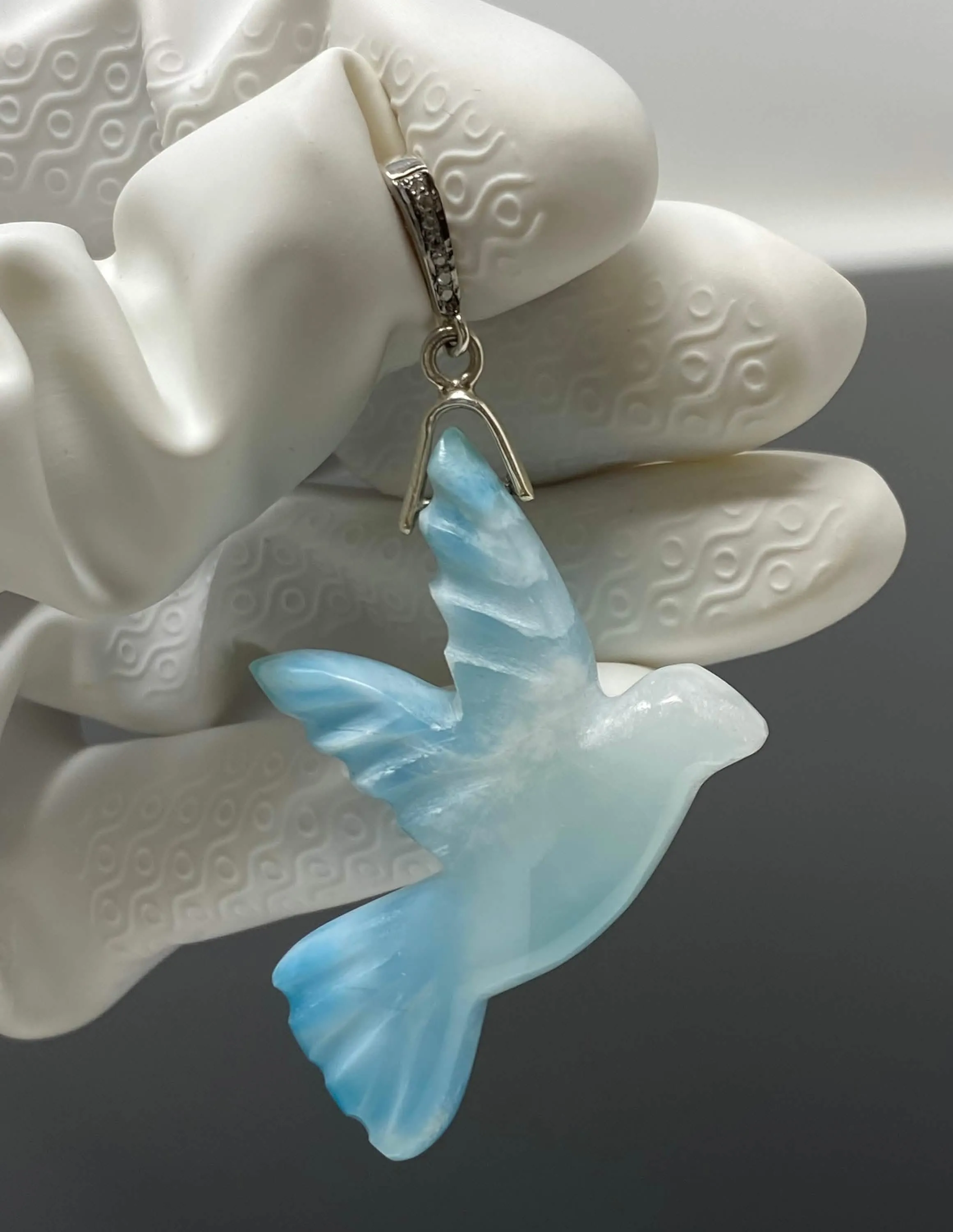 Elegant Hand-Carved Larimar Bird Pendant with Diamond Accents in Sterling Silver