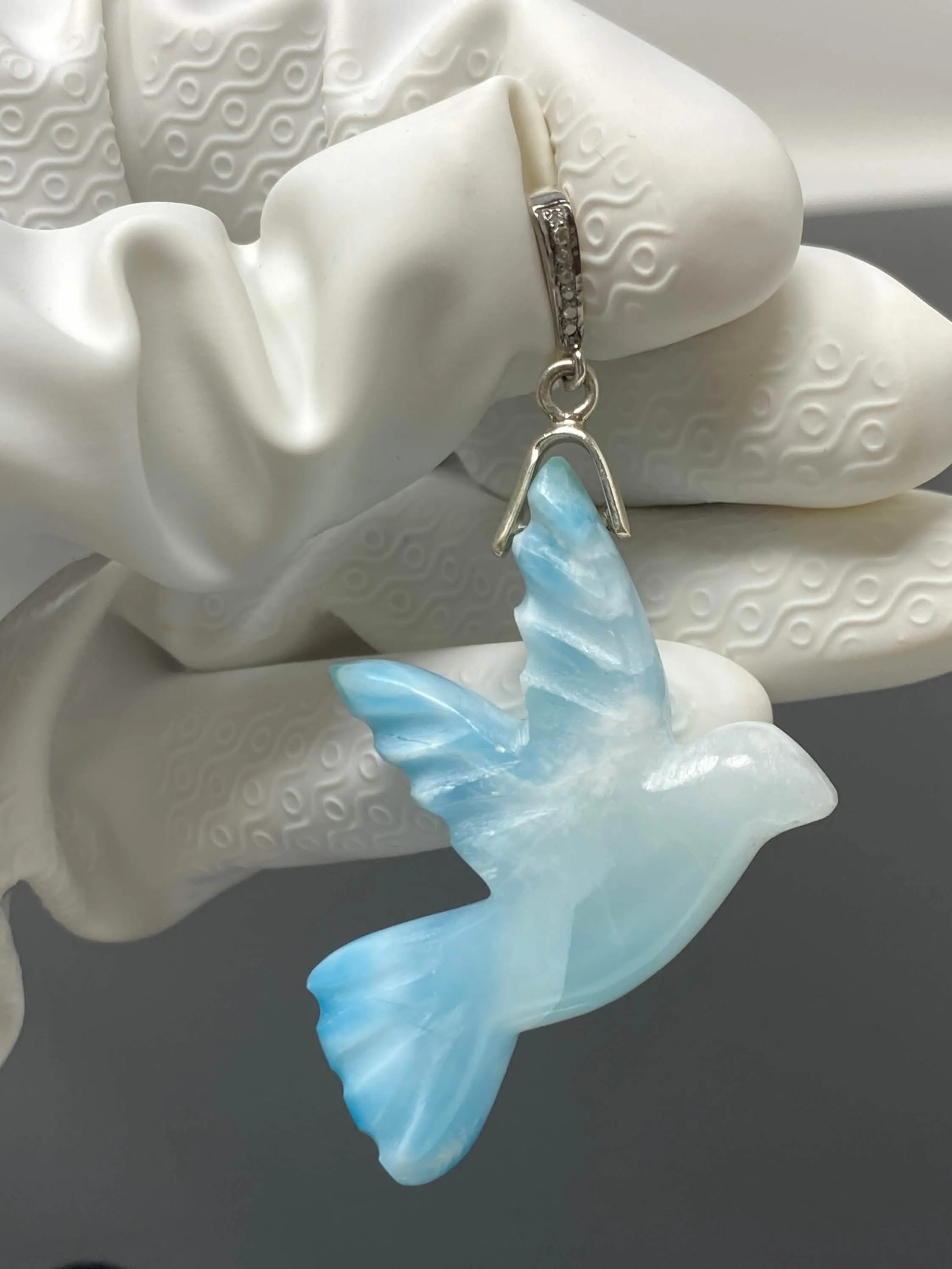 Elegant Hand-Carved Larimar Bird Pendant with Diamond Accents in Sterling Silver