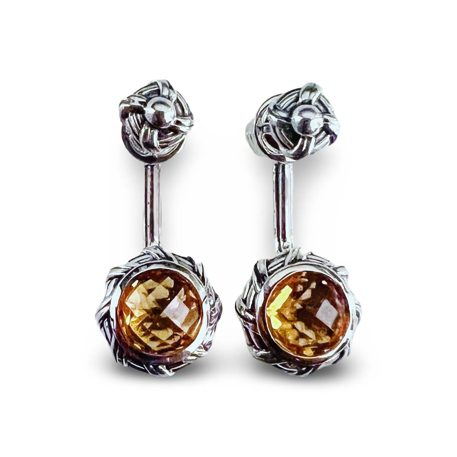 Fantasies Round Push Pin Drop Earrings in sterling silver with citrine