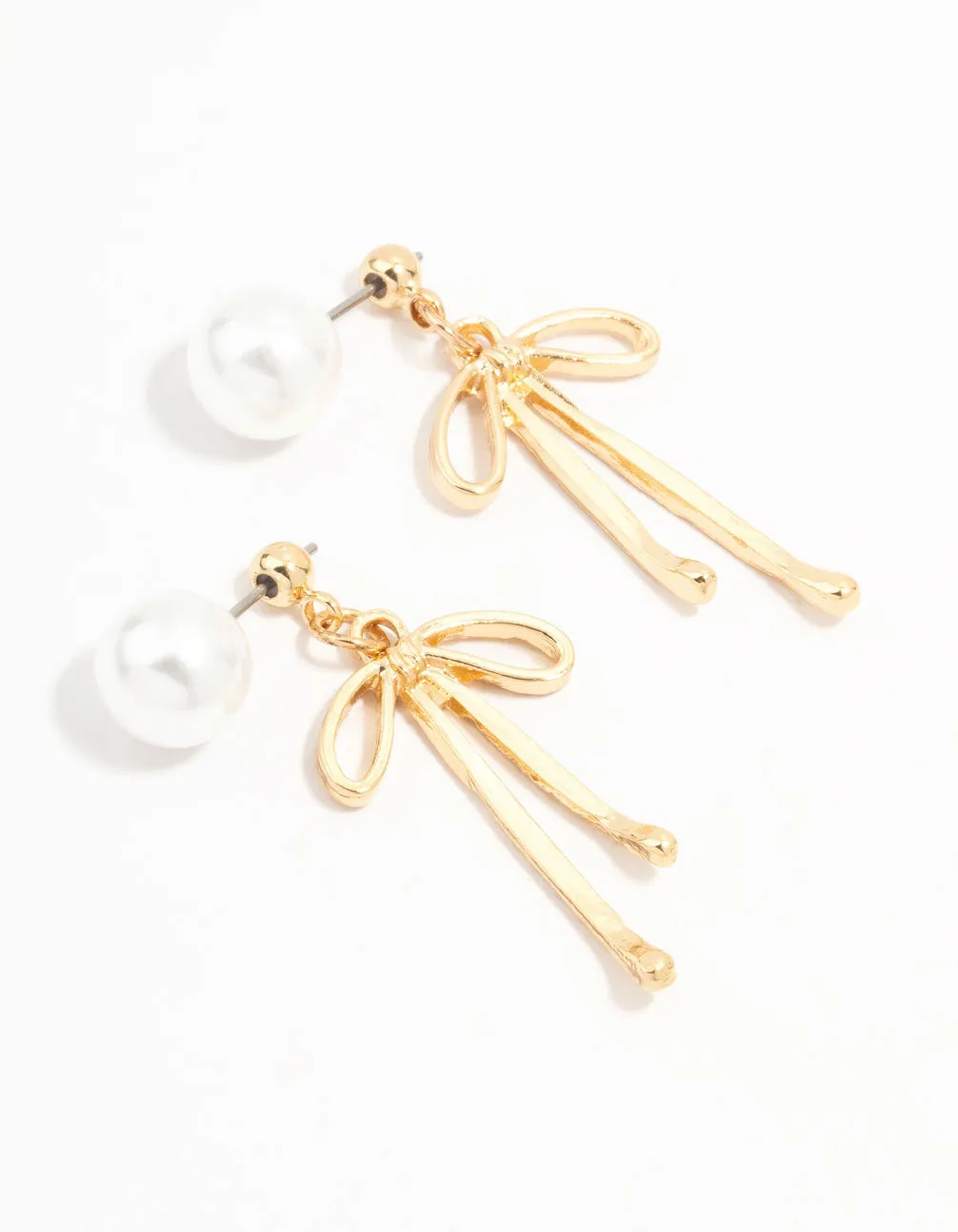 Gold Pearl & Bow Drop Earrings