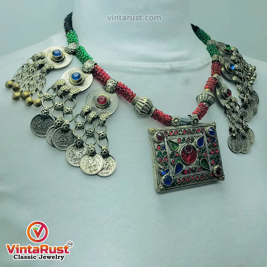 Green and Red Beaded Necklace With Vintage Coins