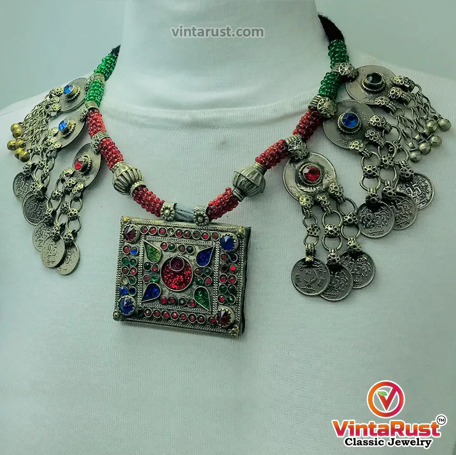 Green and Red Beaded Necklace With Vintage Coins