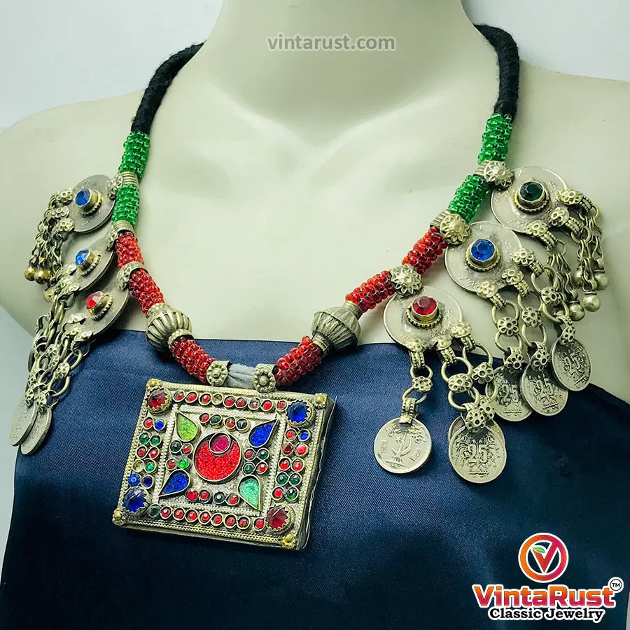 Green and Red Beaded Necklace With Vintage Coins