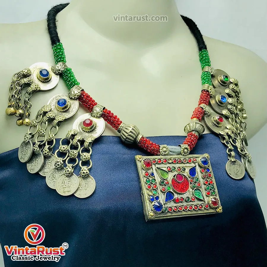 Green and Red Beaded Necklace With Vintage Coins