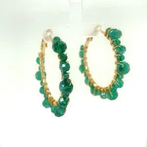 Green Beaded Gold Hoop Earrings Medium