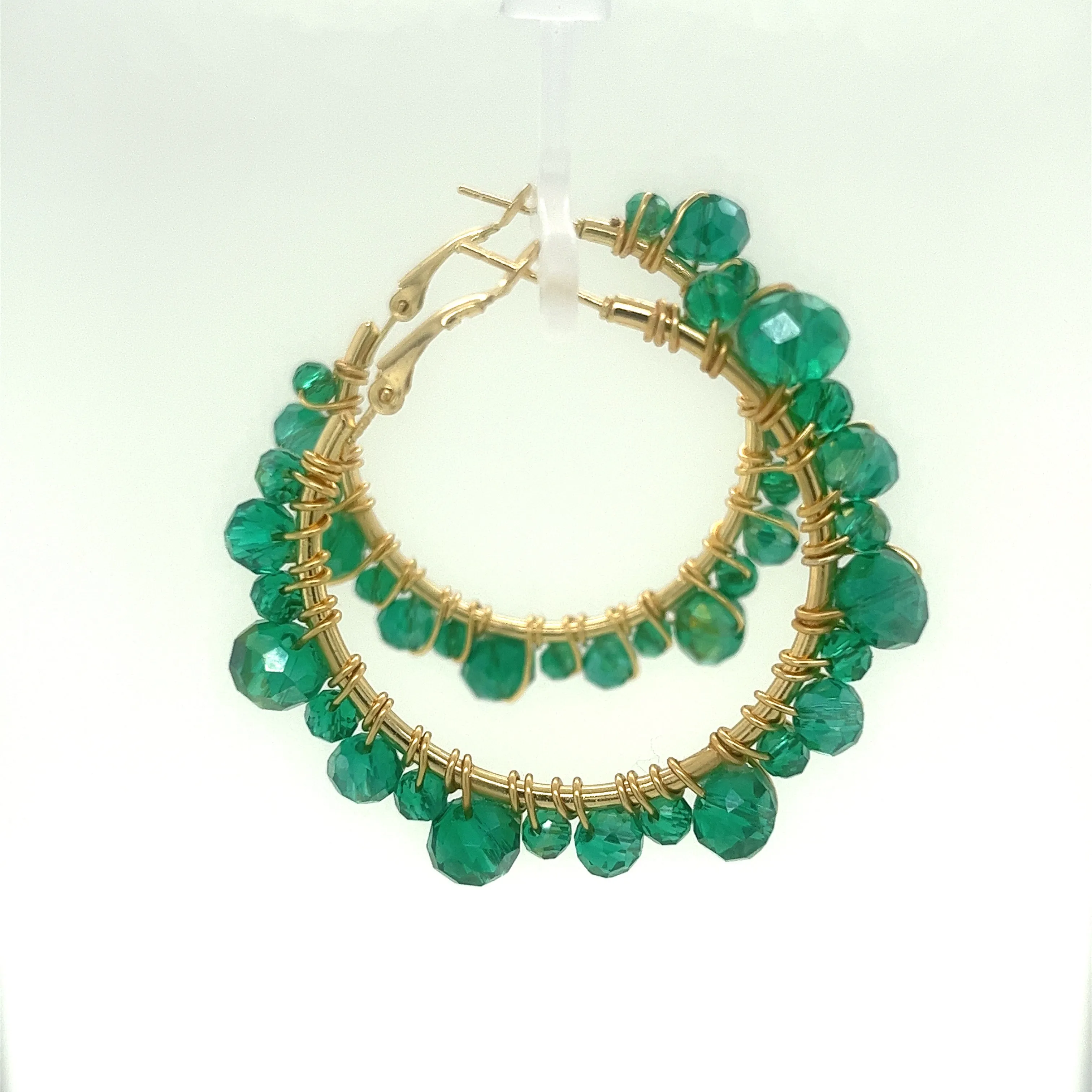 Green Beaded Gold Hoop Earrings Medium