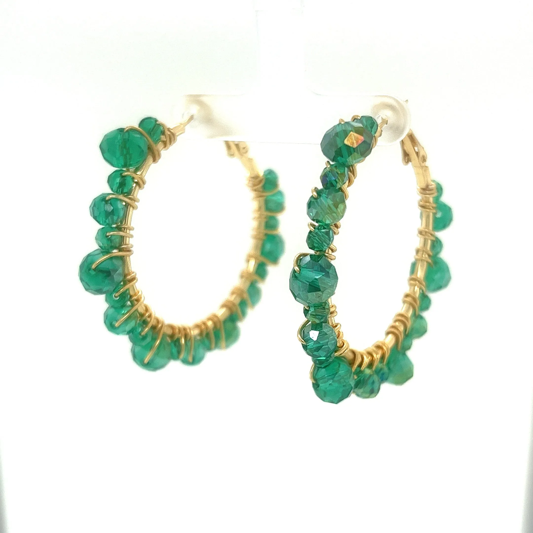 Green Beaded Gold Hoop Earrings Medium