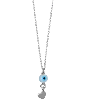 Gregio Tiny Shiny Necklace w/ Evil Eye & Heart - Silver