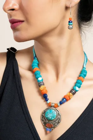 Handmade Semi Precious Turquoise Blue Red Tibetan Necklace Set with Matching Earrings and Adjustable Dori