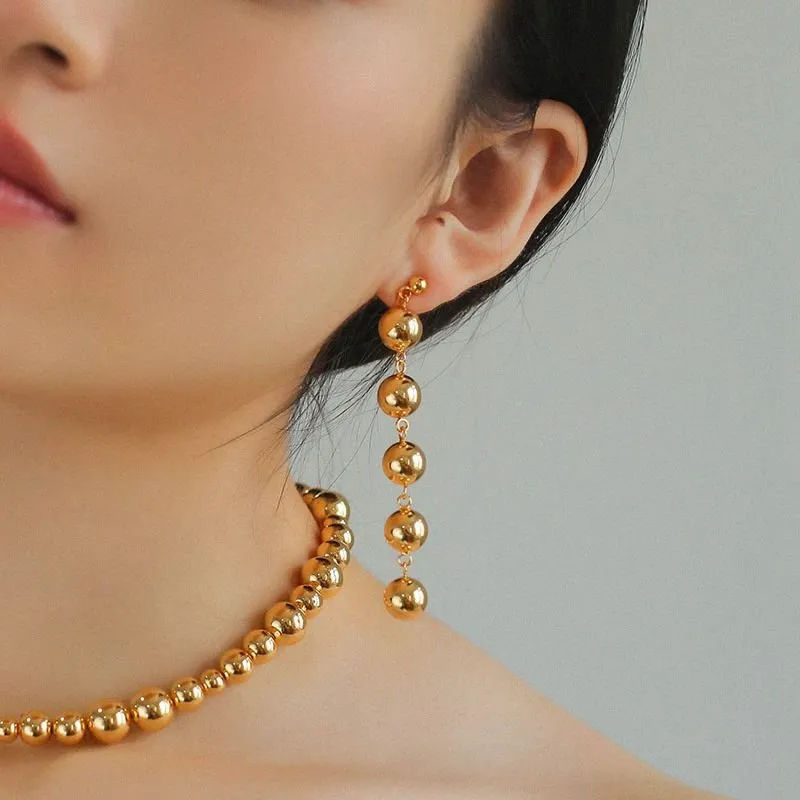 Metal Ball Beaded Spliced Pearl Drop Long Earrings