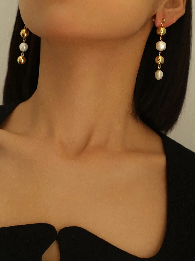 Metal Ball Beaded Spliced Pearl Drop Long Earrings