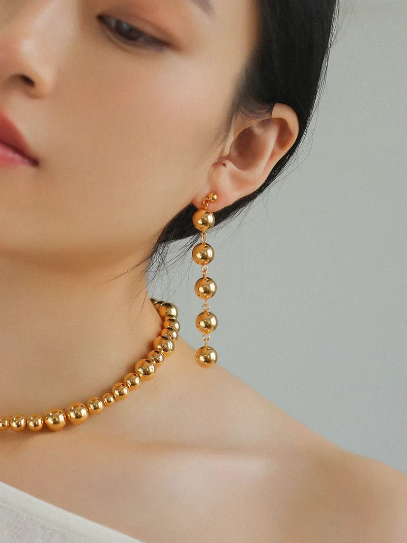 Metal Ball Beaded Spliced Pearl Drop Long Earrings