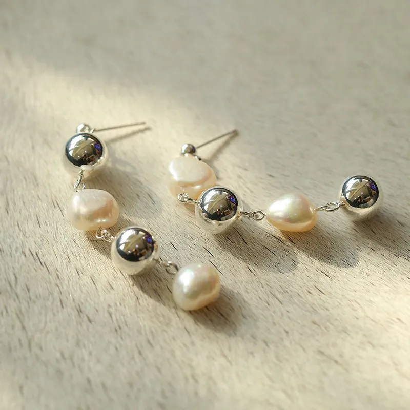 Metal Ball Beaded Spliced Pearl Drop Long Earrings