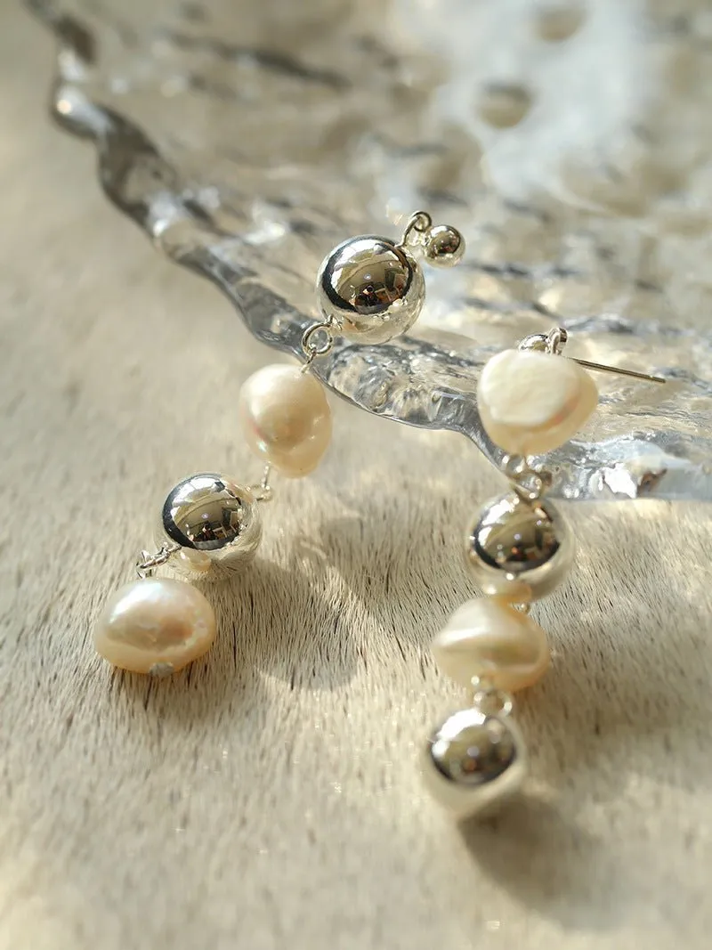 Metal Ball Beaded Spliced Pearl Drop Long Earrings